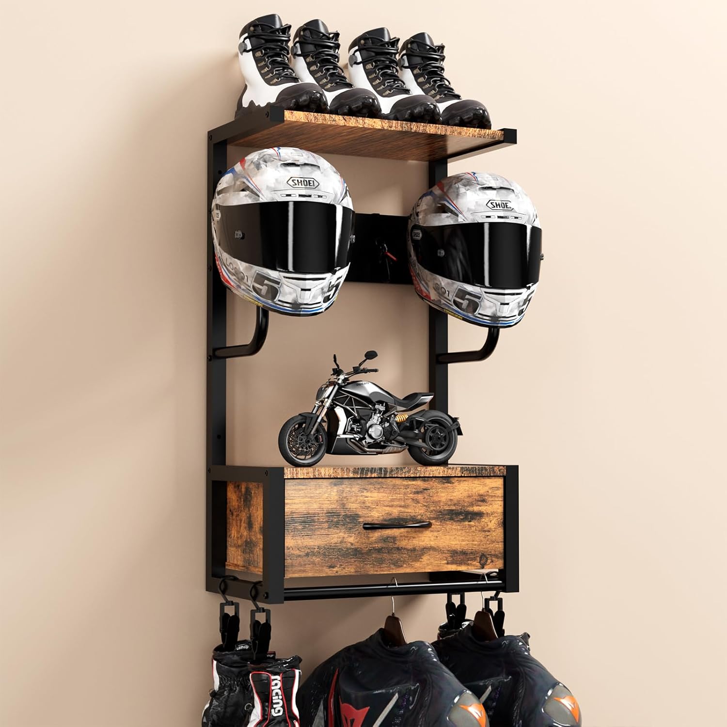 Cycling Gear Wall Mount - Motorcycle Helmet Holder, Wall-Mounted Rack With